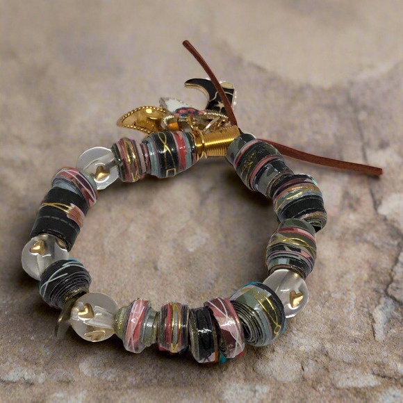 Eclectic Western Charm Mixed Media Handcrafted Stretch Bracelet - Picture 3 of 3